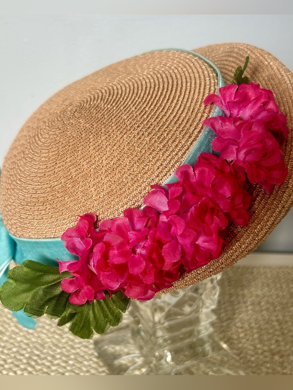 Vintage Spencer Canada Straw Tilt Hat Aqua Velvet Ribbon Floral Cocktail Hat